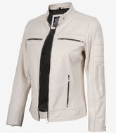 Women's Off White Leather Jacket in Biker Style