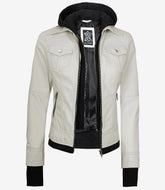 Women's Off White Leather Bomber Jacket with Removable Hood