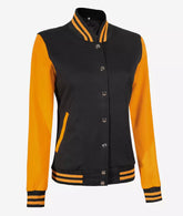 Women's Black and Yellow Varsity Jacket with Baseball Letterman Style