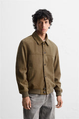 Genuine Greenish Suede Utility Jacket with Button Closure