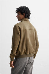 Genuine Greenish Suede Utility Jacket with Button Closure