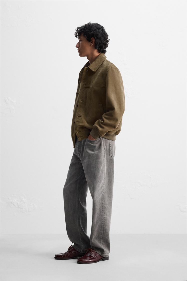 Genuine Greenish Suede Utility Jacket with Button Closure