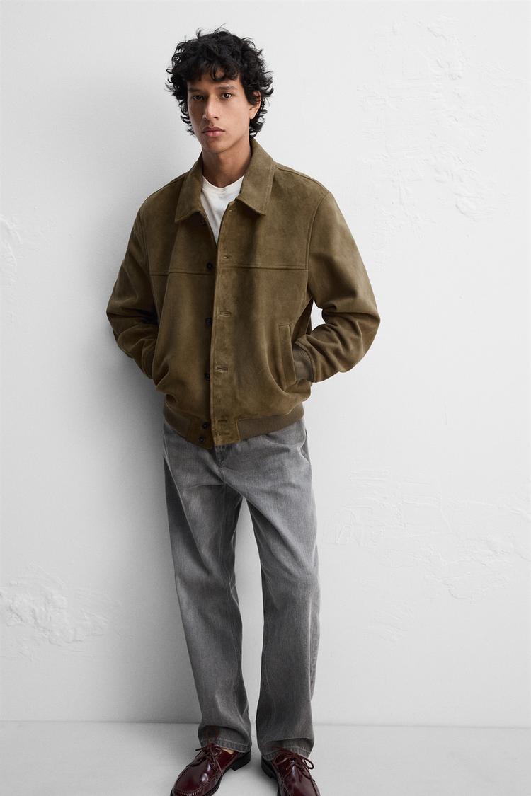 Genuine Greenish Suede Utility Jacket with Button Closure