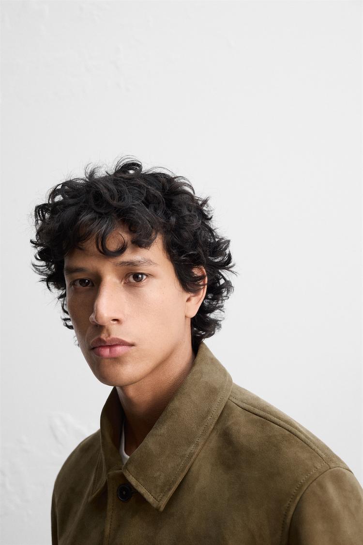 Genuine Greenish Suede Utility Jacket with Button Closure