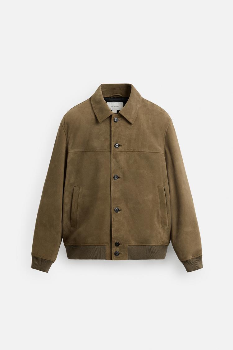 Genuine Greenish Suede Utility Jacket with Button Closure