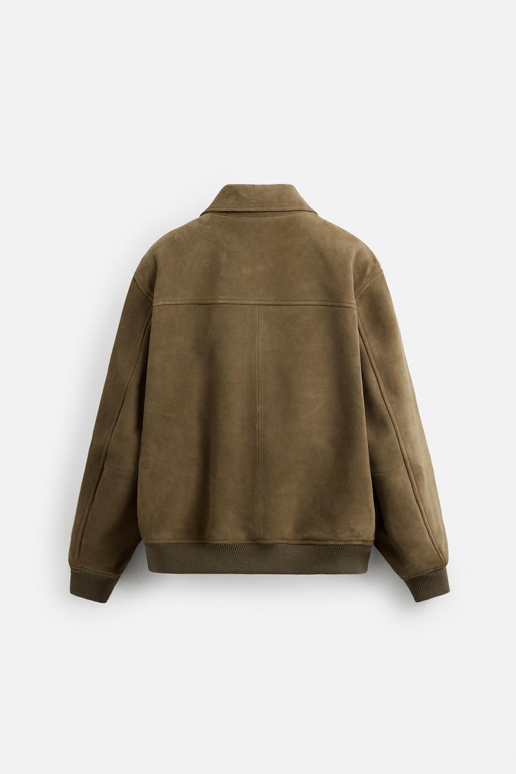 Genuine Greenish Suede Utility Jacket with Button Closure