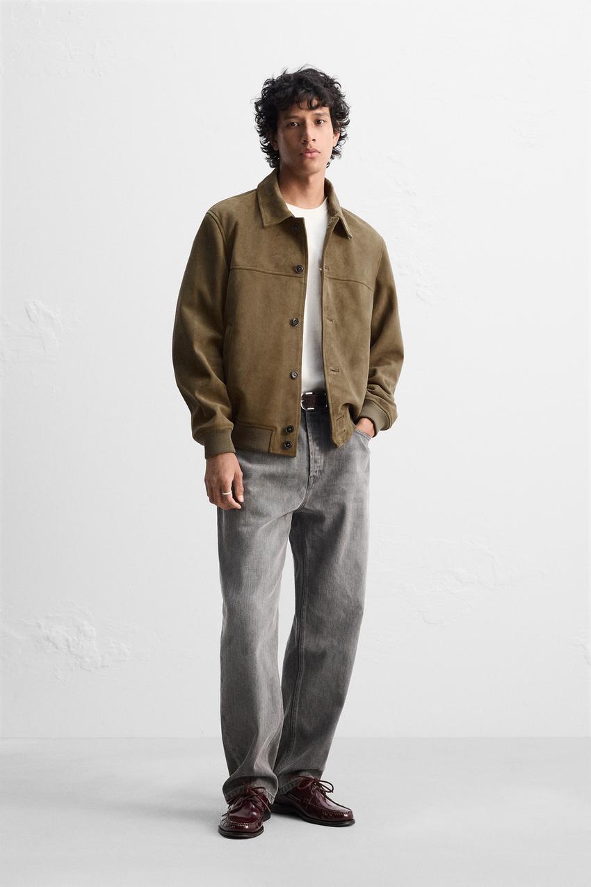 Genuine Greenish Suede Utility Jacket with Button Closure