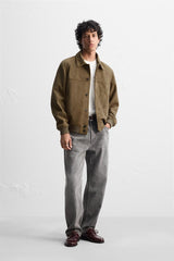 Genuine Greenish Suede Utility Jacket with Button Closure