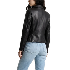 Ramsey Women's Black Leather Biker Jacket with Asymmetrical Closure