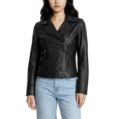 Ramsey Women's Black Leather Biker Jacket with Asymmetrical Closure