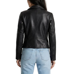 Ramsey Women's Black Leather Biker Jacket with Asymmetrical Closure