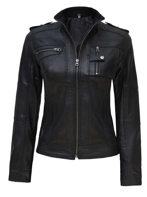 Women Slim Fit Black Cafe Racer Biker Jacket