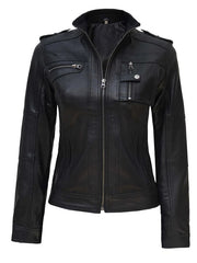 Women Slim Fit Black Cafe Racer Biker Jacket