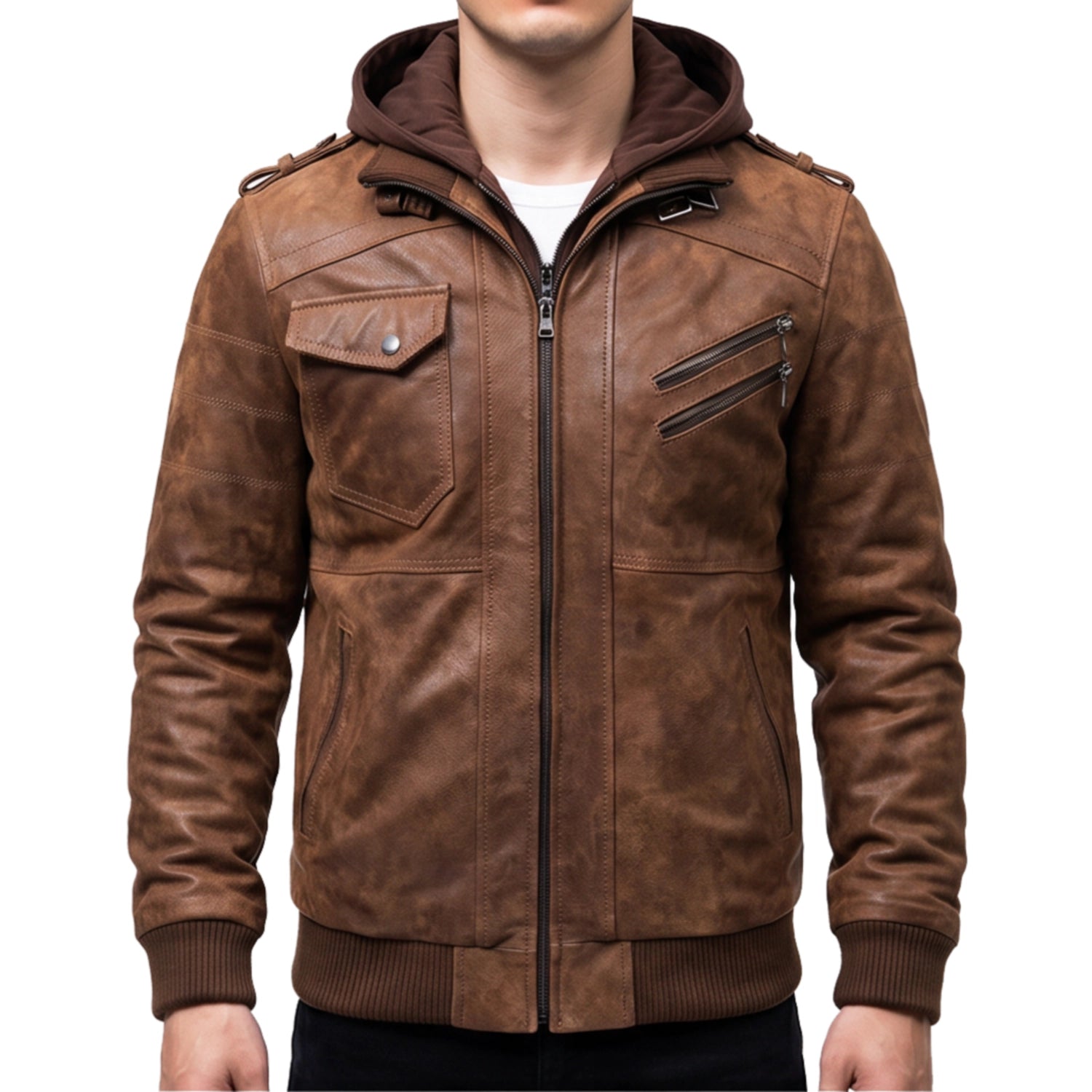 Brown Leather Hooded Jacket