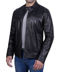 Men's Black Cafe Racer Leather Biker Jacket