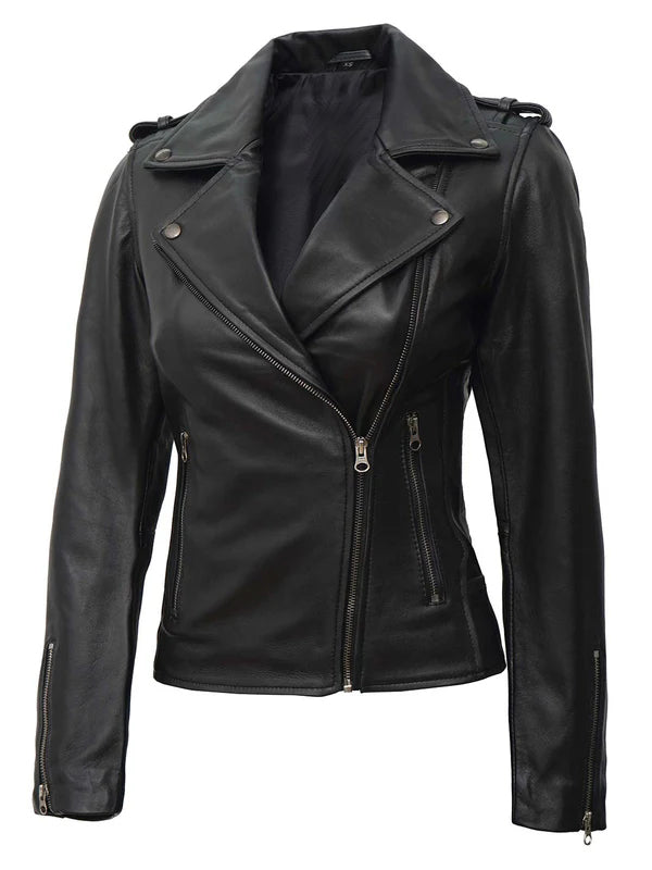 Kirsten Women Black Asymmetrical Leather Motorcycle Jacket