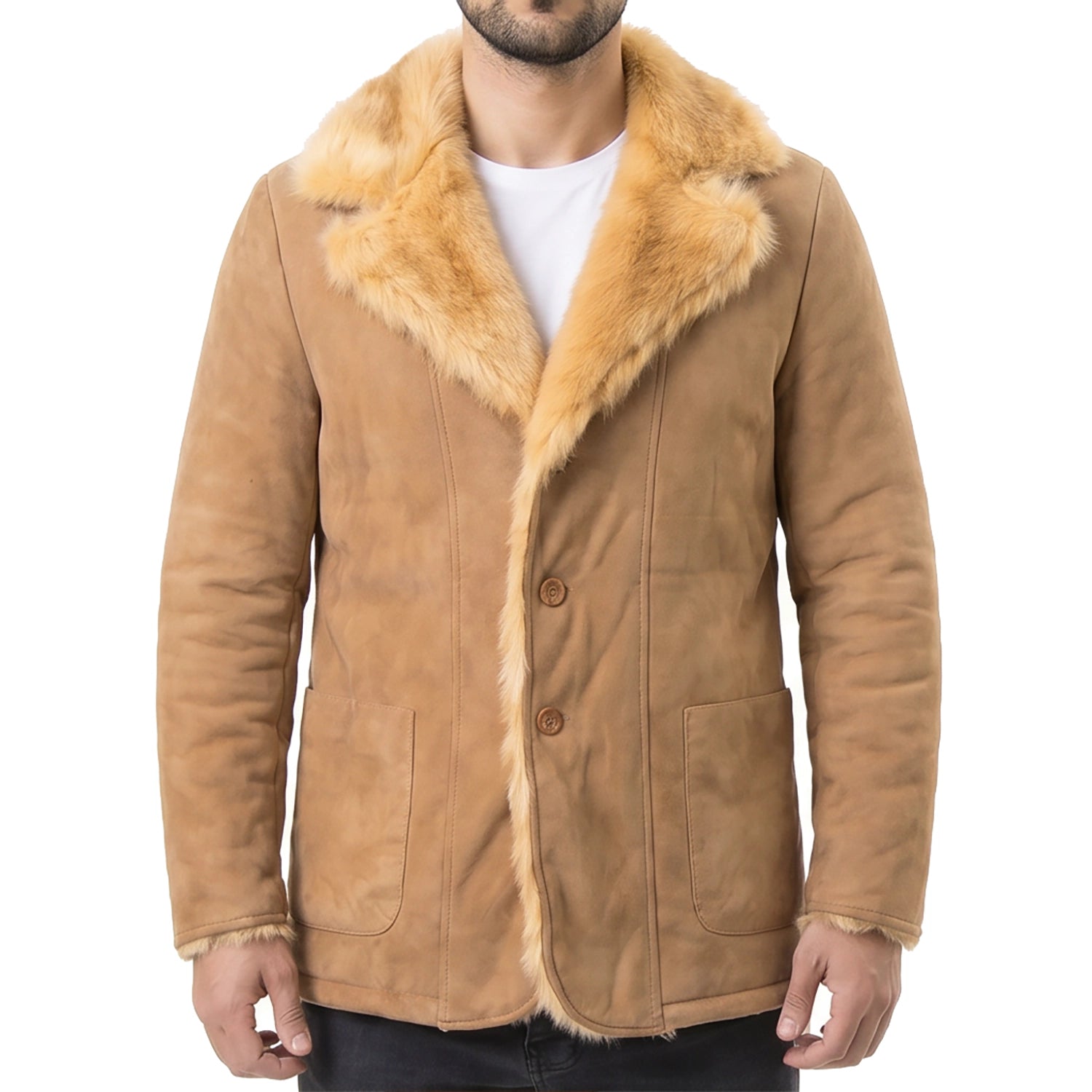 Men's Beige Leather Coat with Fur