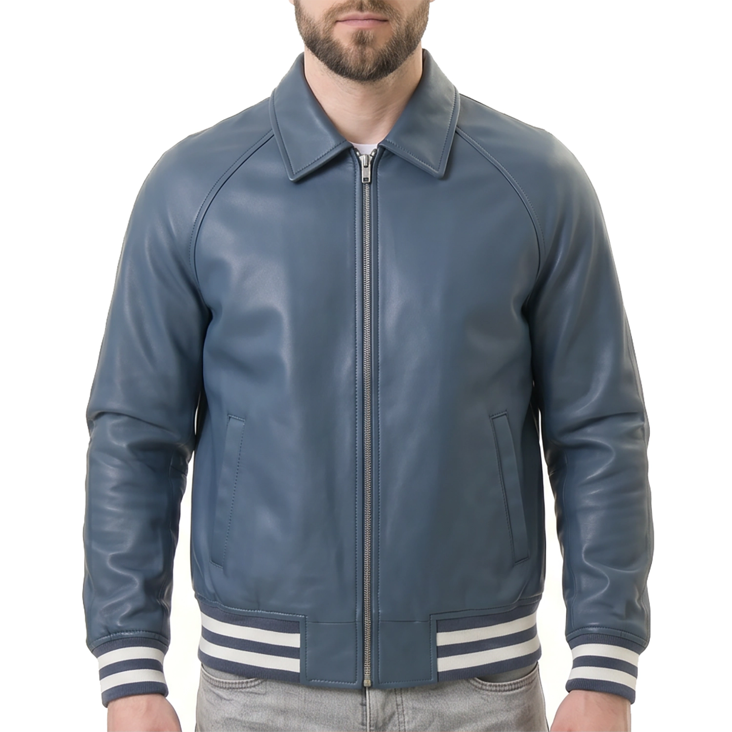 Men's Blue Leather Varsity Jacket