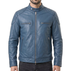 Men's Blue Leather Biker Jacket