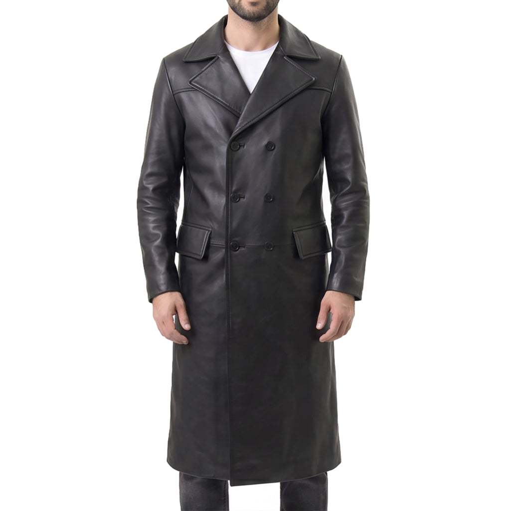 Shop Zenith Men's Black Leather Double-Breasted Coat Online