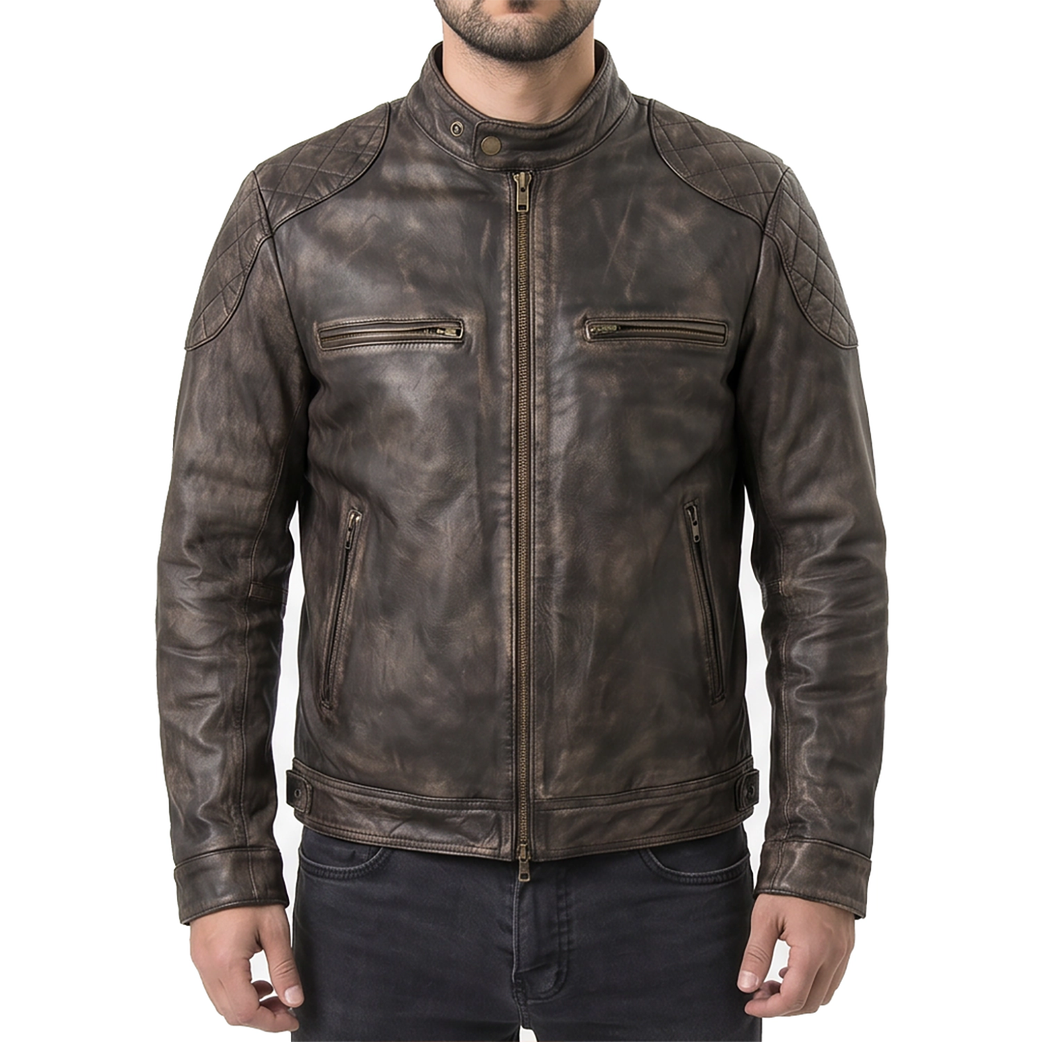 Distressed Brown Leather Biker Jacket