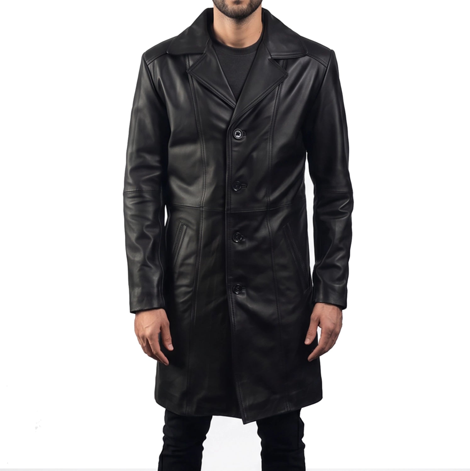 Men's Long Black Leather Coat