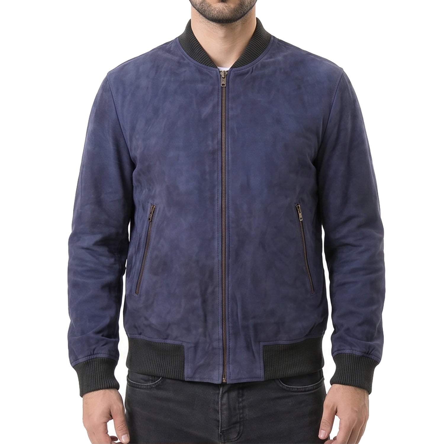Blue Suede Bomber Jacket
