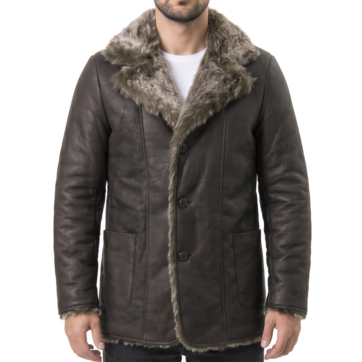 Men's Black Leather Coat with Fur