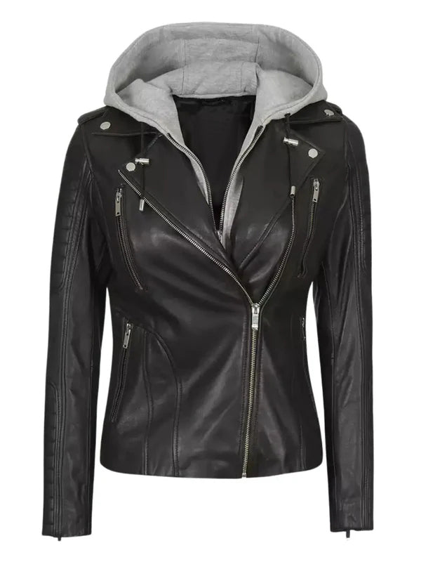 Bagheria Women Black Leather Biker Jacket with Removable Hood