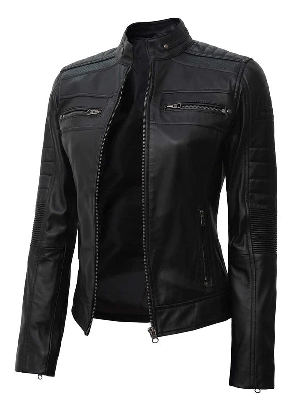 Women Black Cafe Racer Leather Jacket