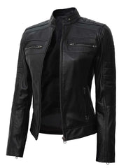 Women Black Cafe Racer Leather Jacket