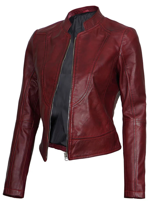 Women Maroon Cafe Racer Leather Jacket