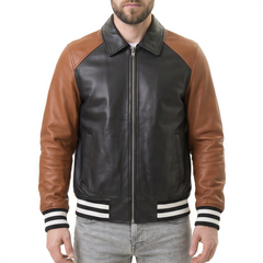 Men's Black & Brown Leather Varsity Jacket