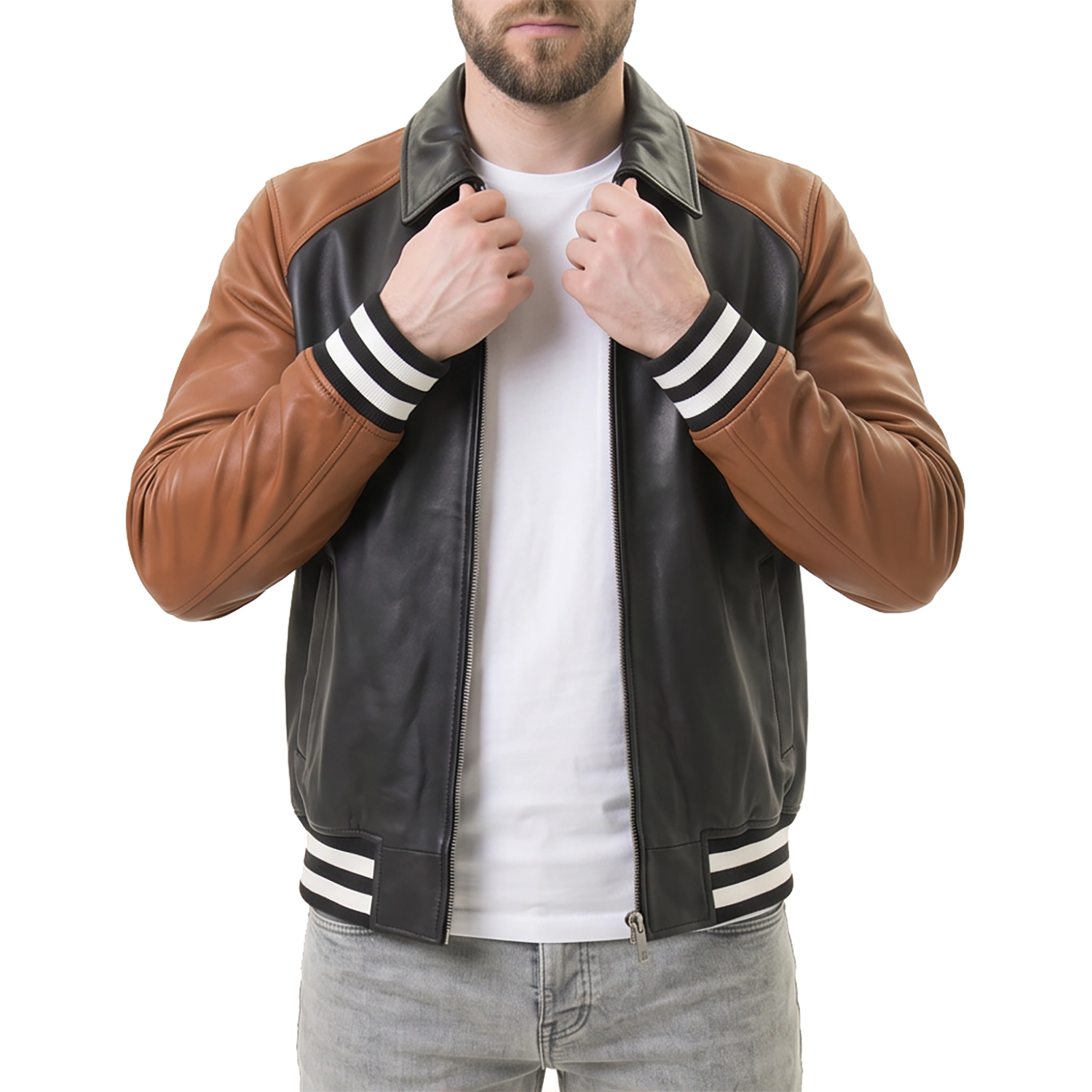 Men's Black & Brown Leather Varsity Jacket