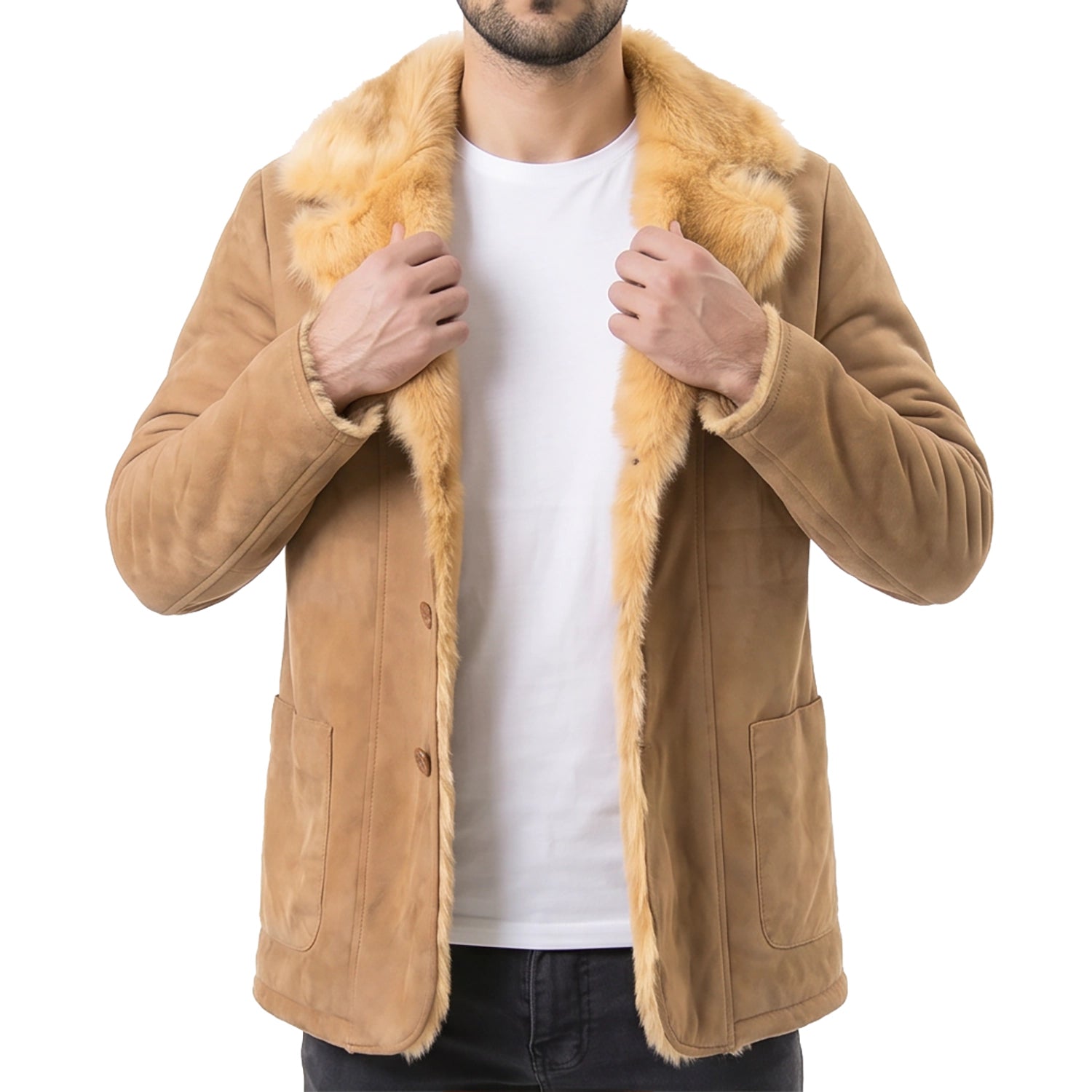 Men's Beige Leather Coat with Fur