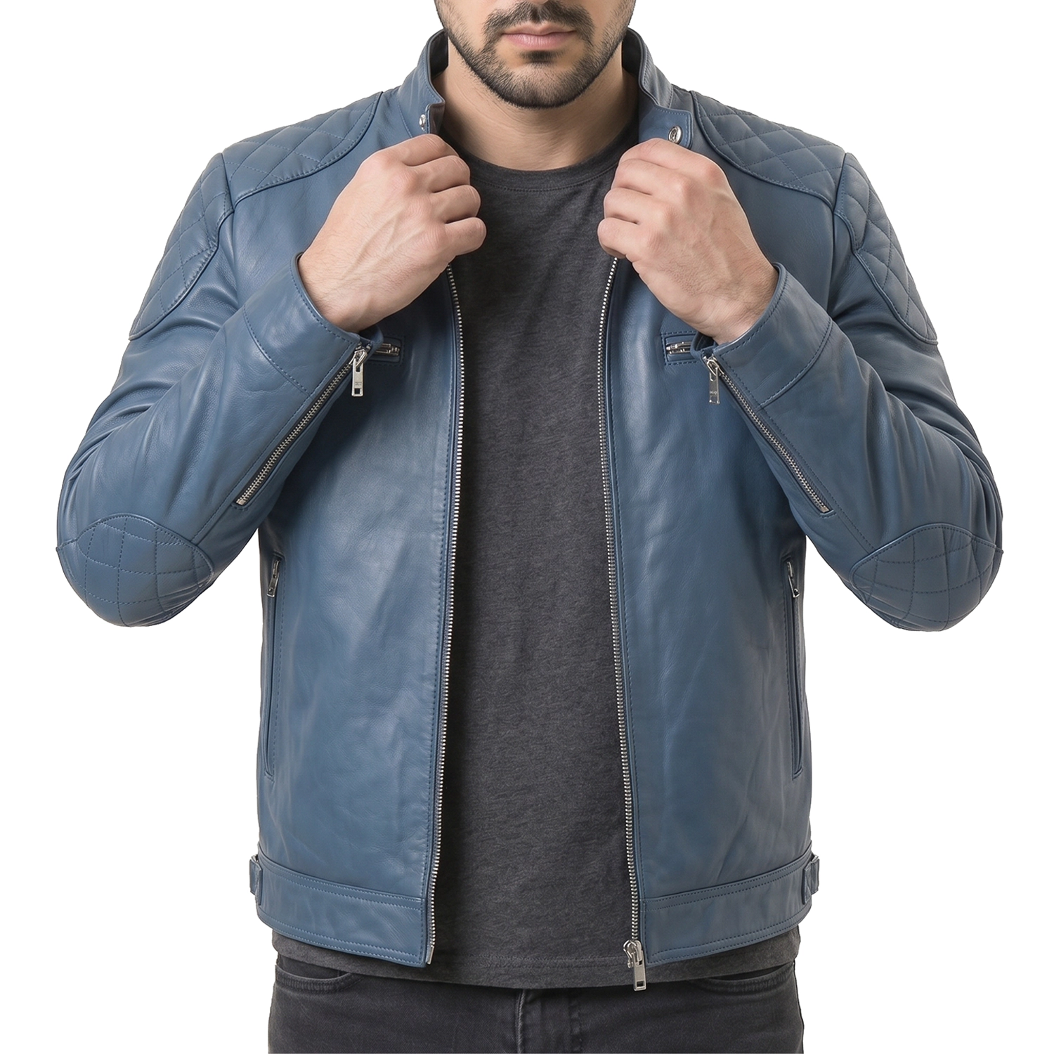 Men's Blue Leather Biker Jacket