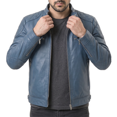Men's Blue Leather Biker Jacket