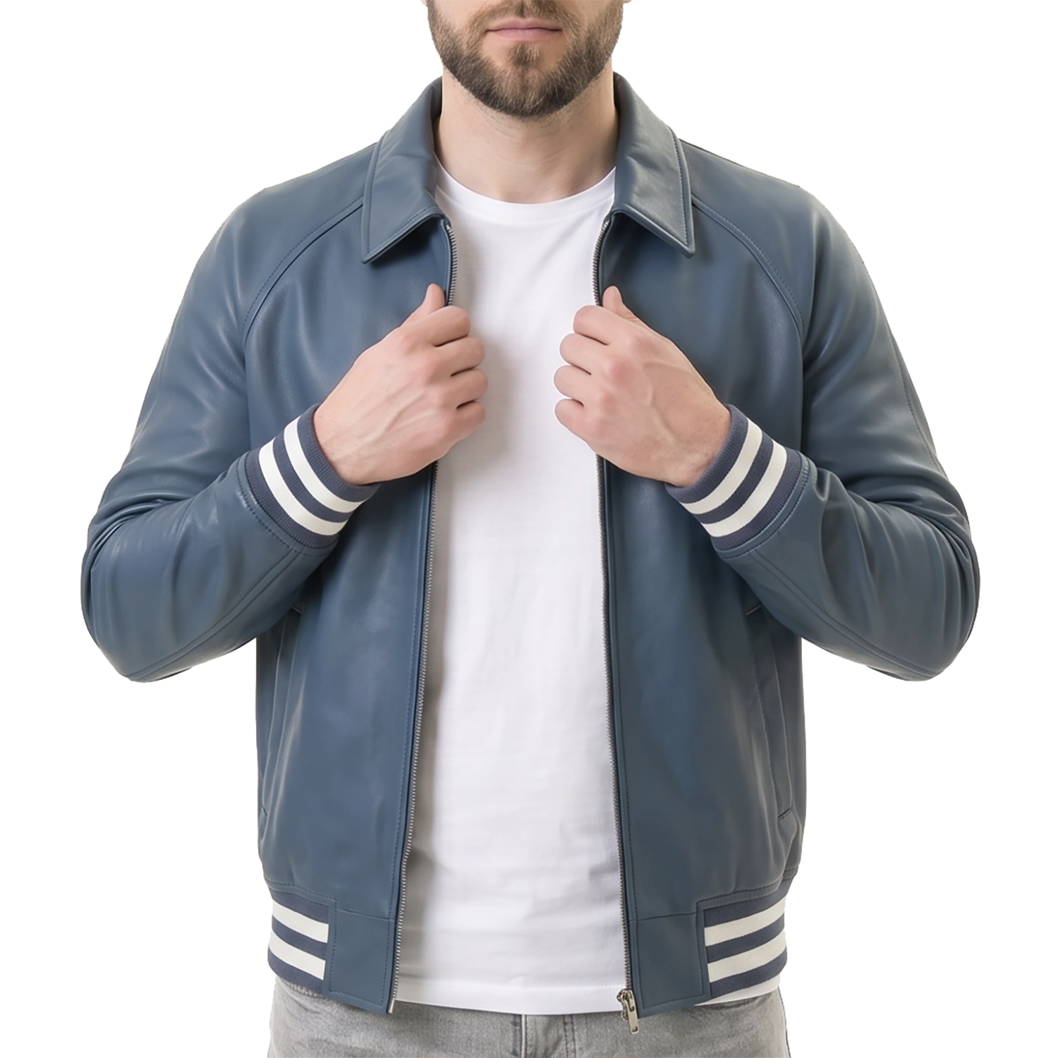 Men's Blue Leather Varsity Jacket