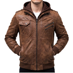Brown Leather Hooded Jacket