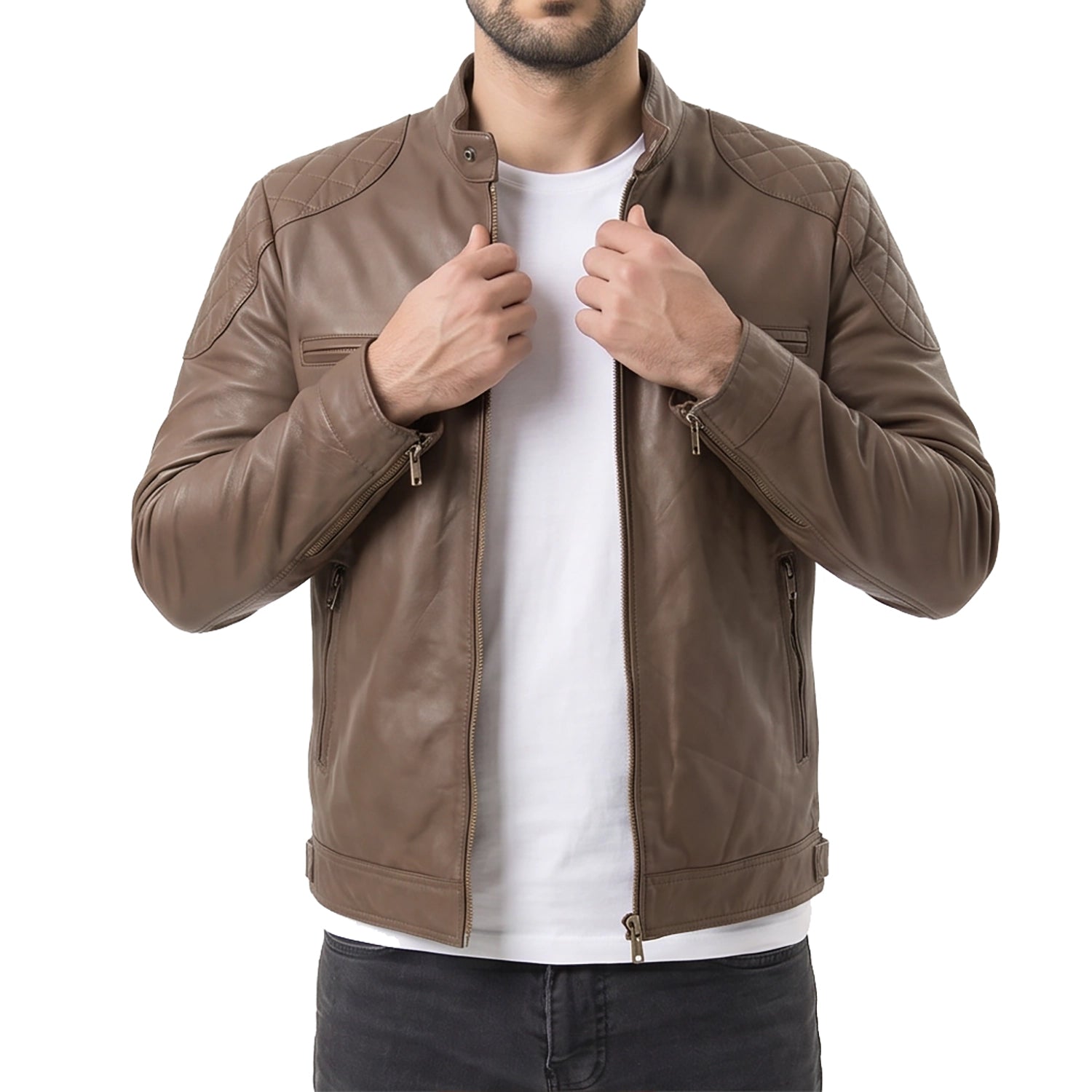 Men's Mocha Leather Biker Jacket