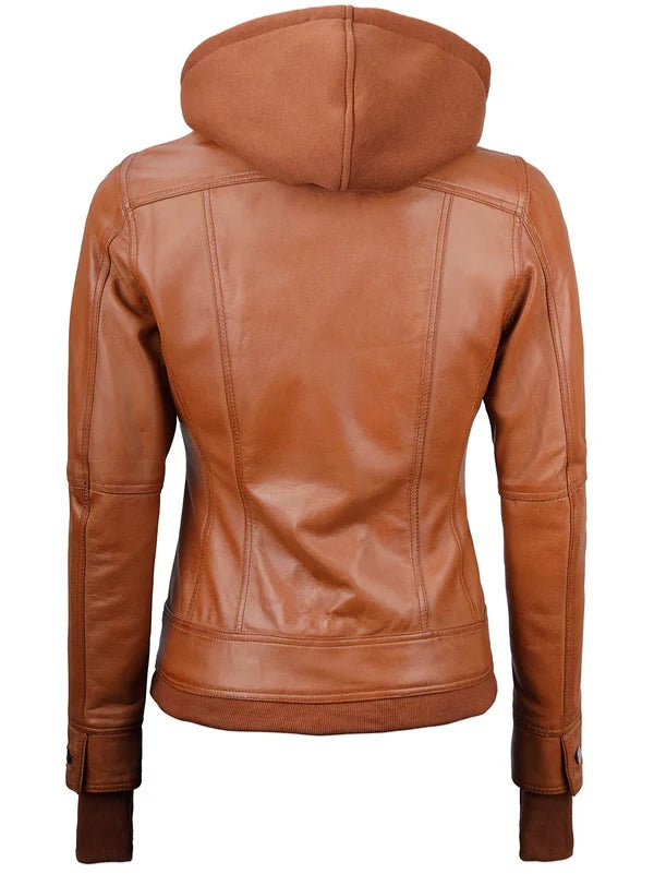 Women Tan Wax Bomber Leather Jacket with Hood