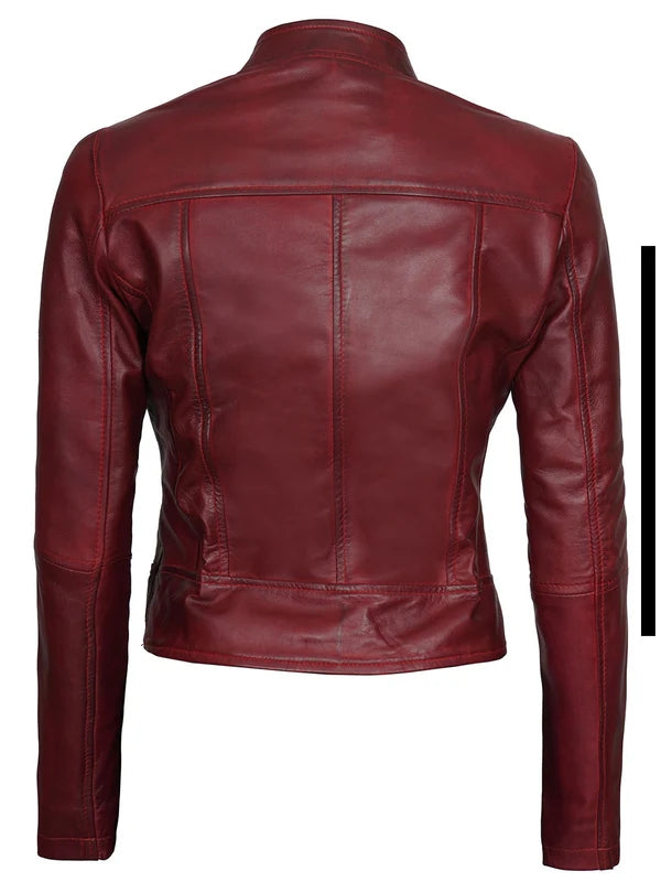 Women Maroon Cafe Racer Leather Jacket