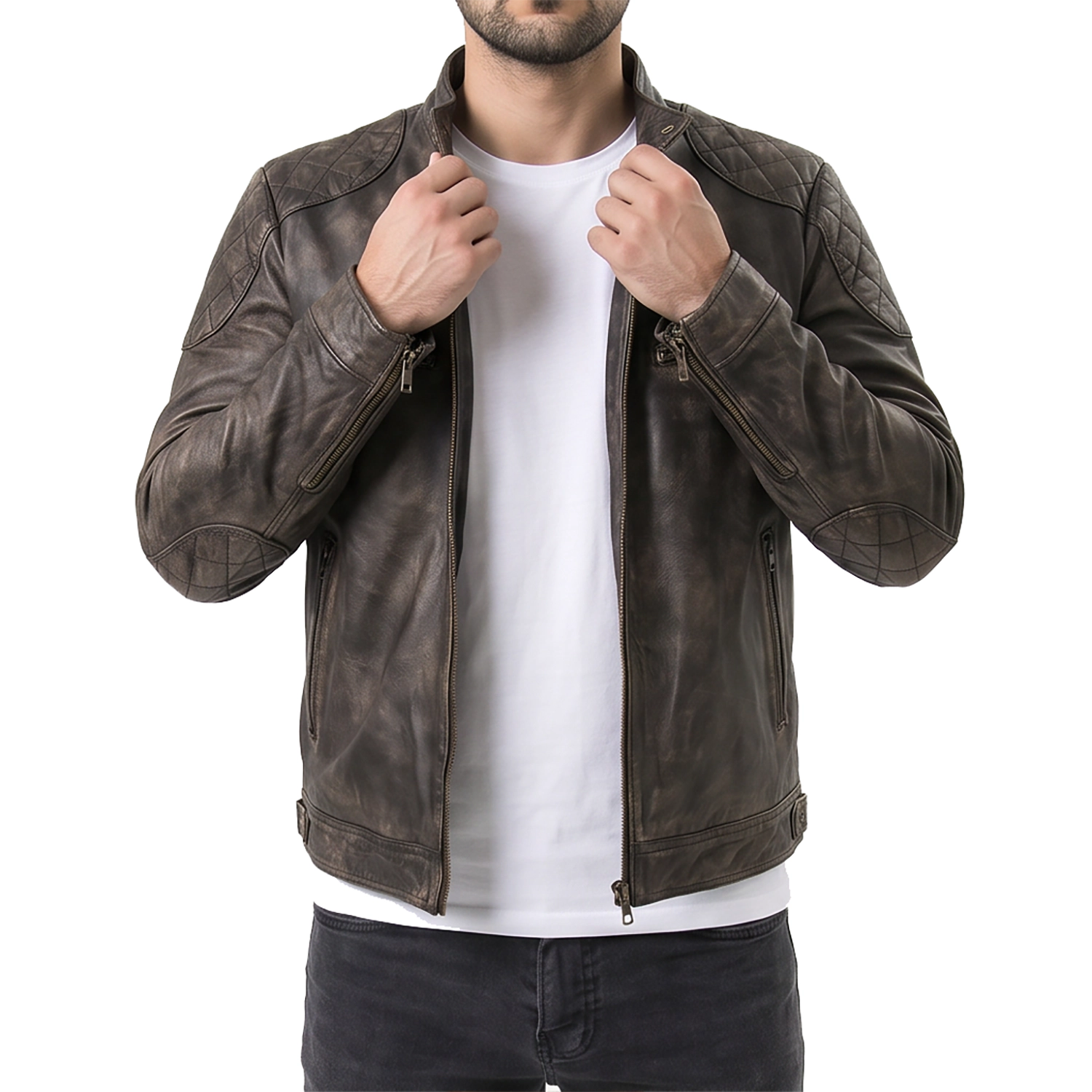 Distressed Brown Leather Biker Jacket