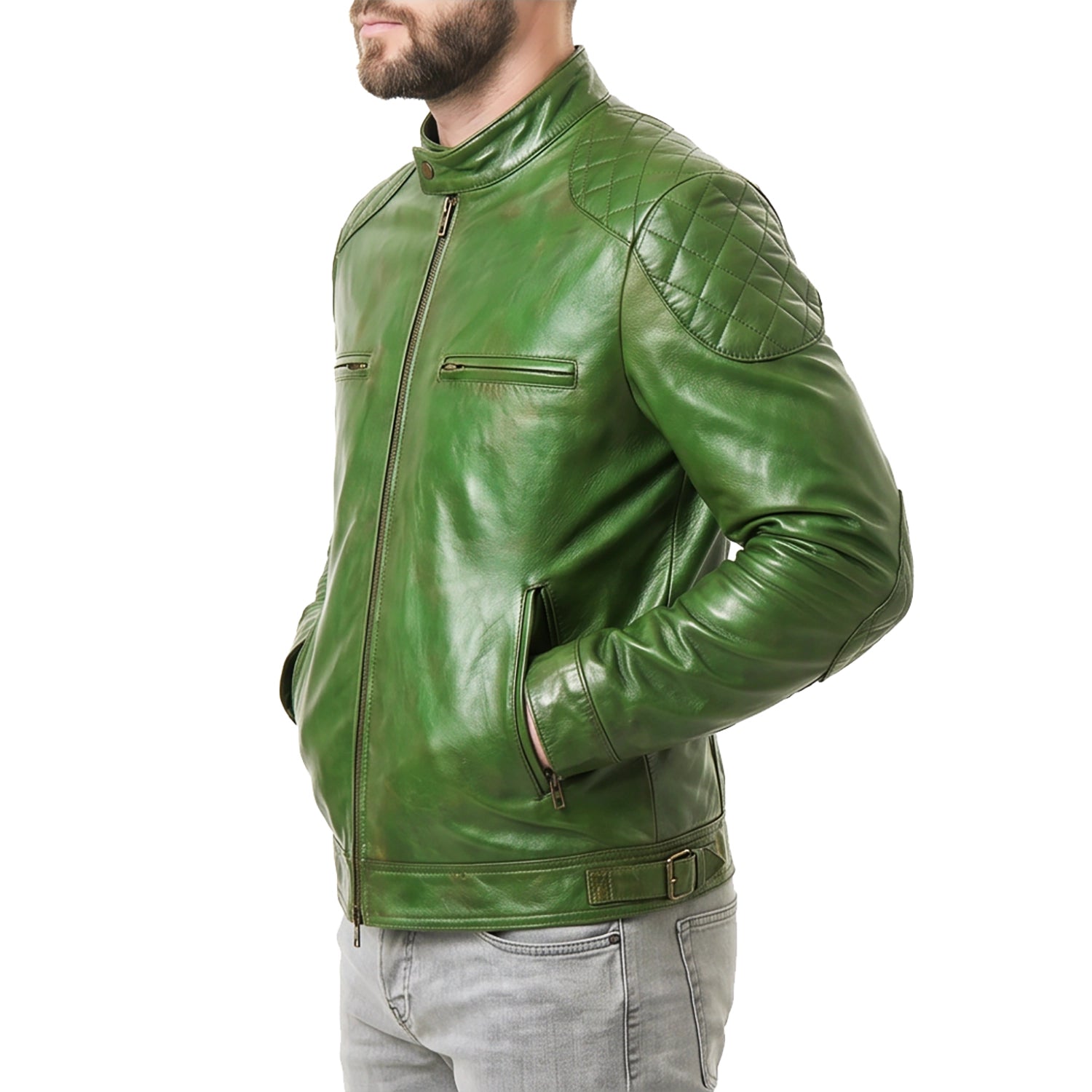 Men's Green Leather Biker Jacket