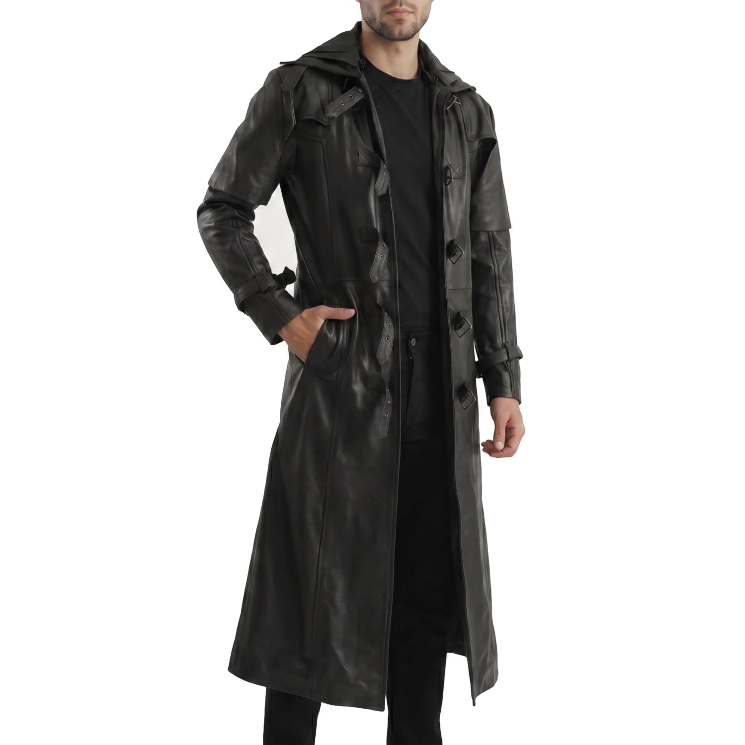 Hooded Leather Trench Coat