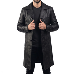Men's Long Black Leather Coat