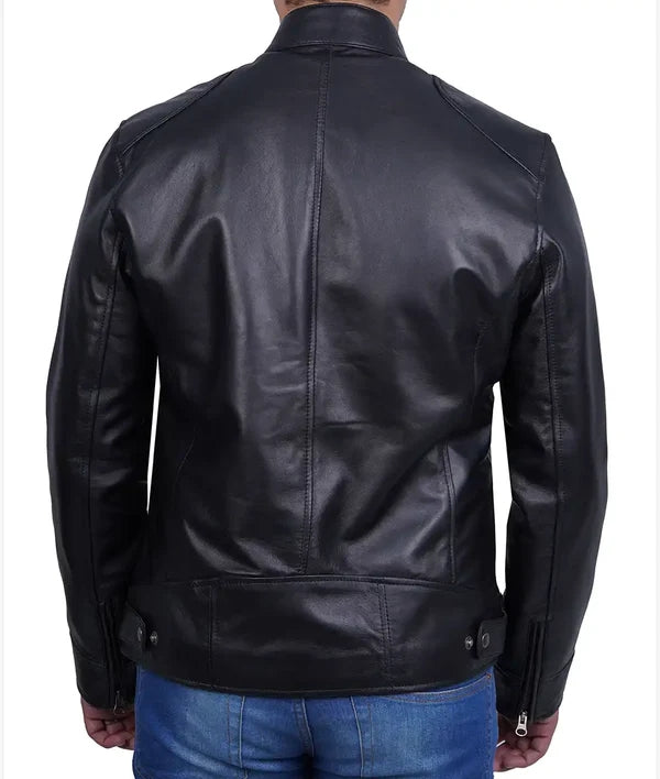 Men's Black Cafe Racer Leather Biker Jacket