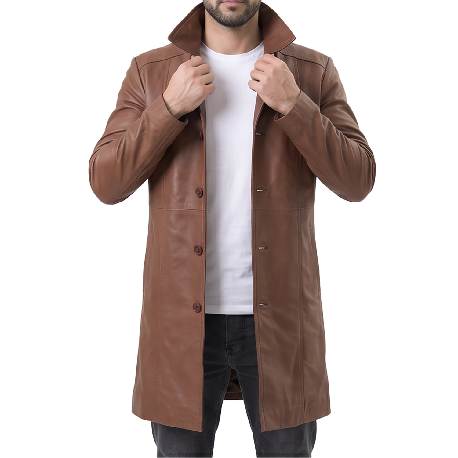 Long Light Brown Leather Coat