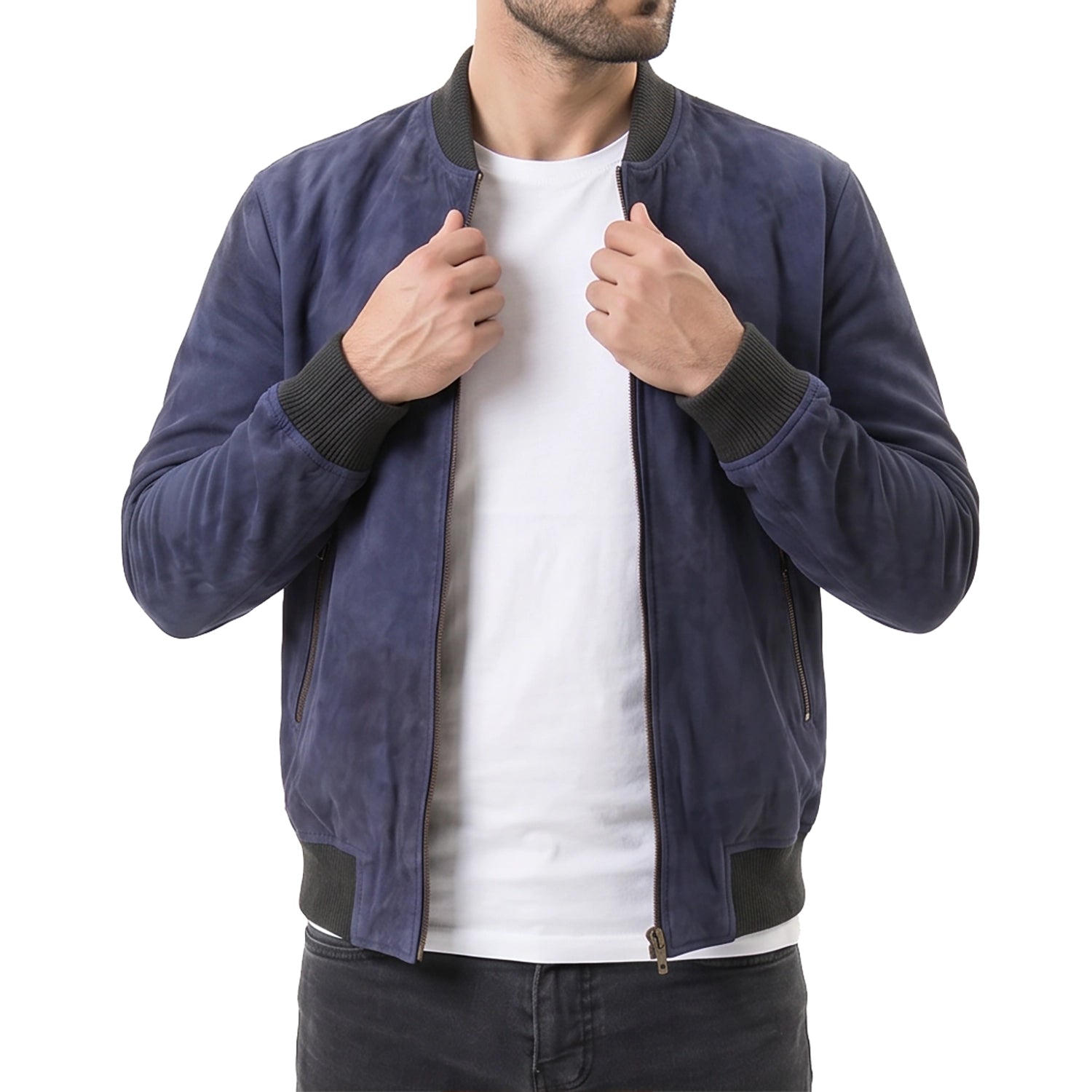 Blue Suede Bomber Jacket