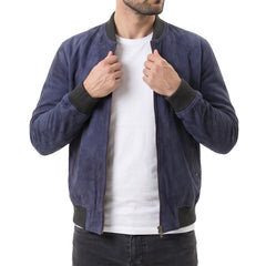 Blue Suede Bomber Jacket